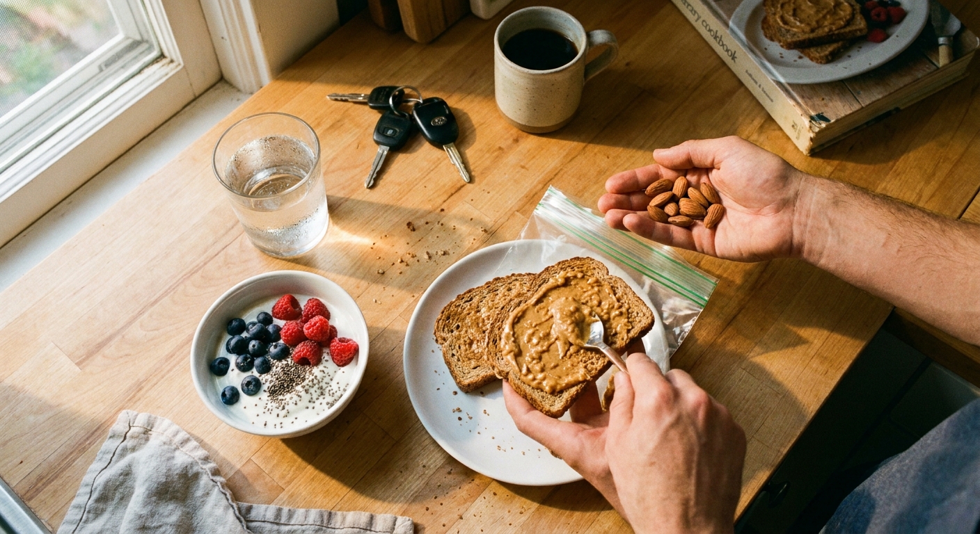 Hands preparing a balanced breakfast with whole grain toast, yogurt, berries, and portioned snacks on a kitchen counter in natural morning light
