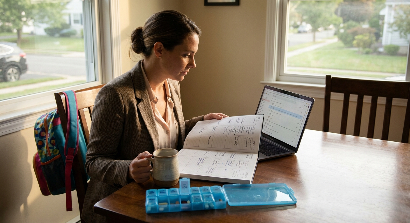 Woman reviewing weekly planner at kitchen table with coffee, laptop, and pill organizer, balancing recovery routine with daily work and family responsibilities in morning light