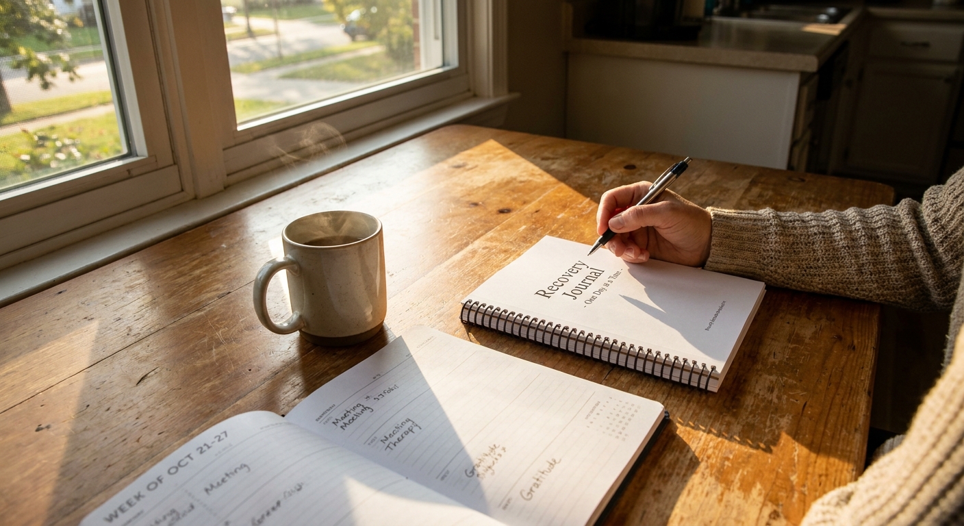 Person writing in recovery journal at kitchen table in morning sunlight with coffee and weekly planner