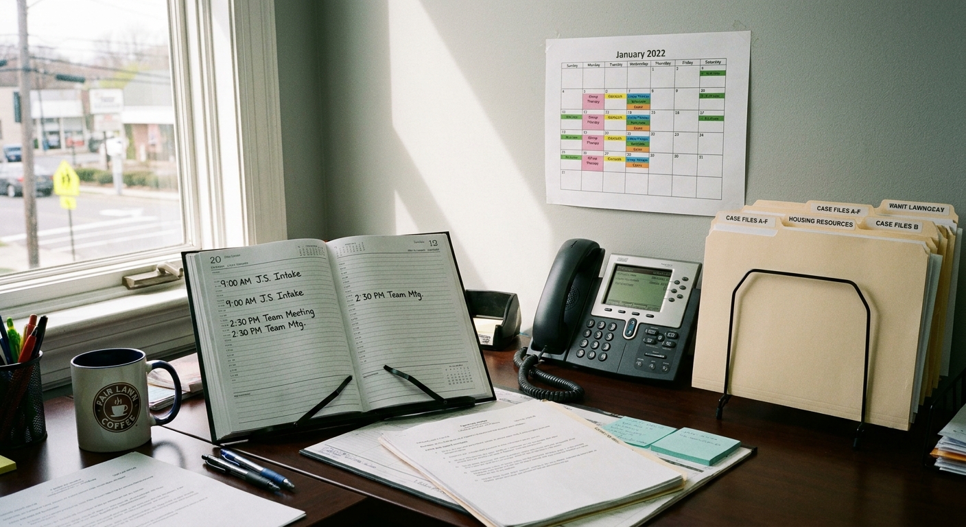 Case manager's desk with appointment calendar and folders showing legal and treatment coordination work at recovery center