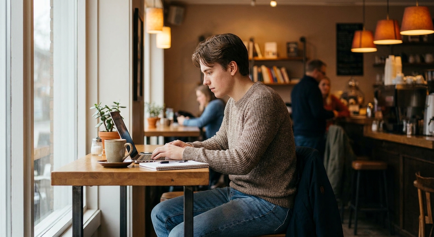 Young adult working on laptop at café table with natural light, balancing work and daily life