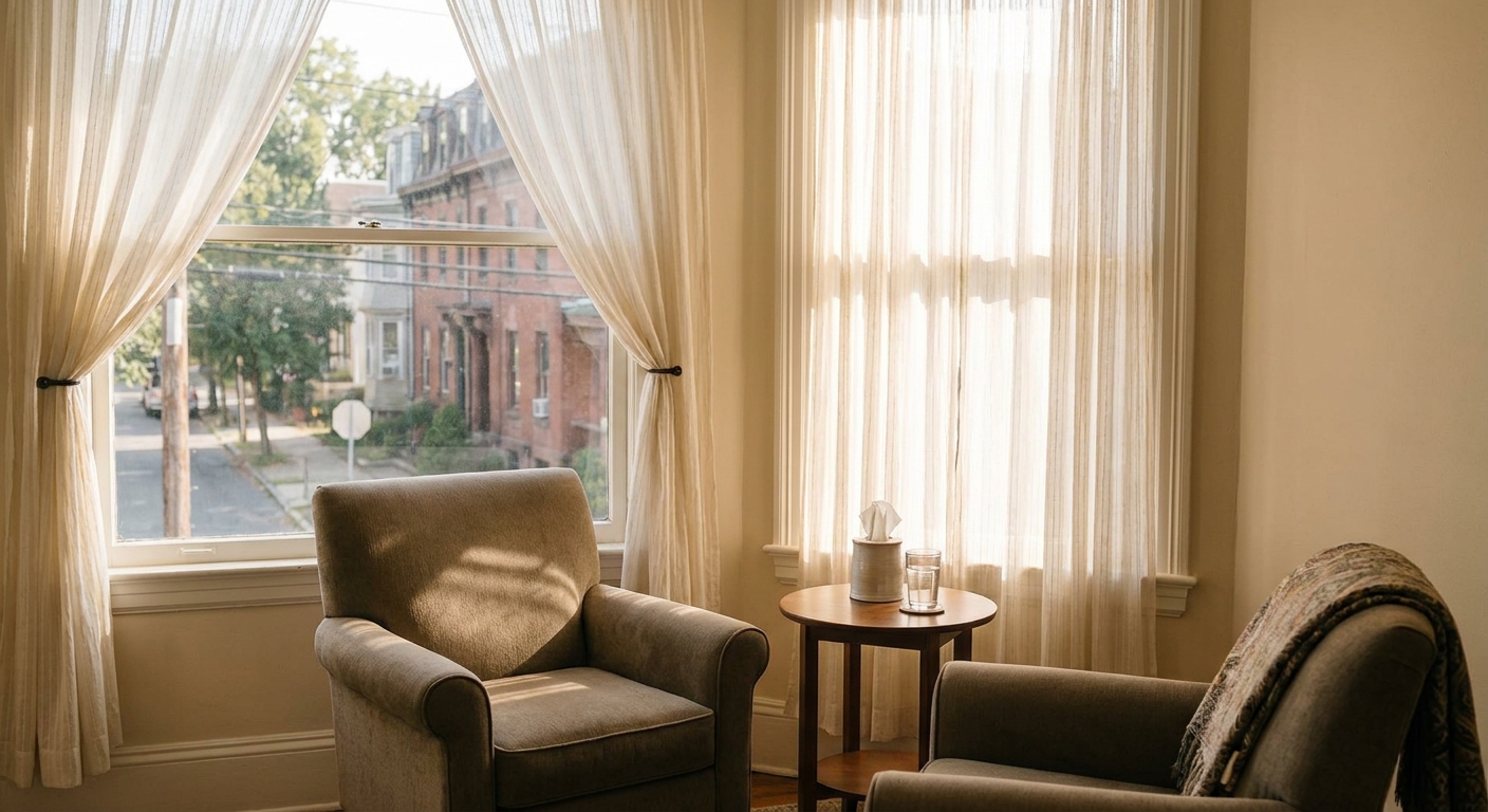 Private therapy office with two chairs in natural light at addiction recovery center in Fair Lawn, New Jersey