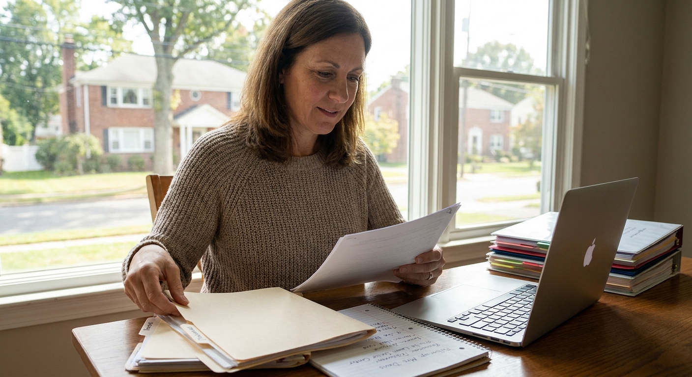 Case manager organizing client treatment coordination documents at desk in Fair Lawn recovery center office