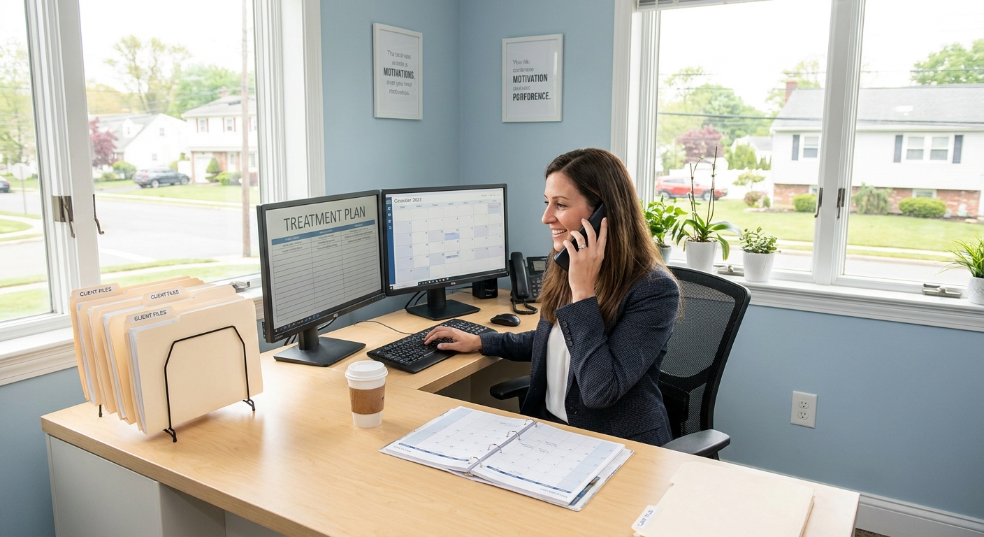 Case manager coordinating legal documentation and treatment scheduling at desk in Fair Lawn recovery center office