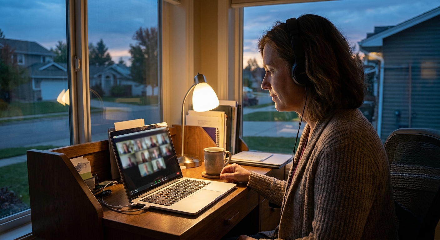 Woman participating in virtual intensive outpatient therapy session from home office in New Jersey