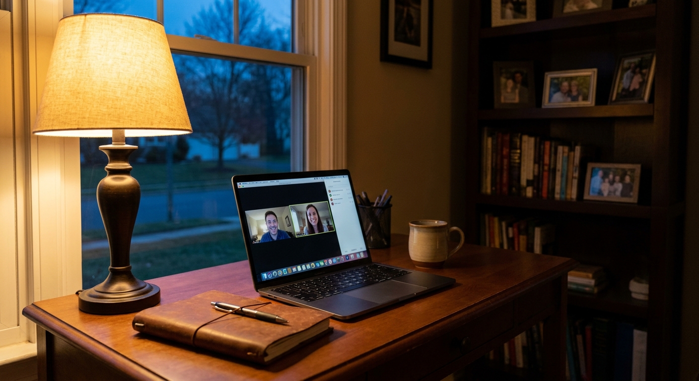 Home office desk with laptop and warm lighting representing a private space for virtual intensive outpatient treatment sessions