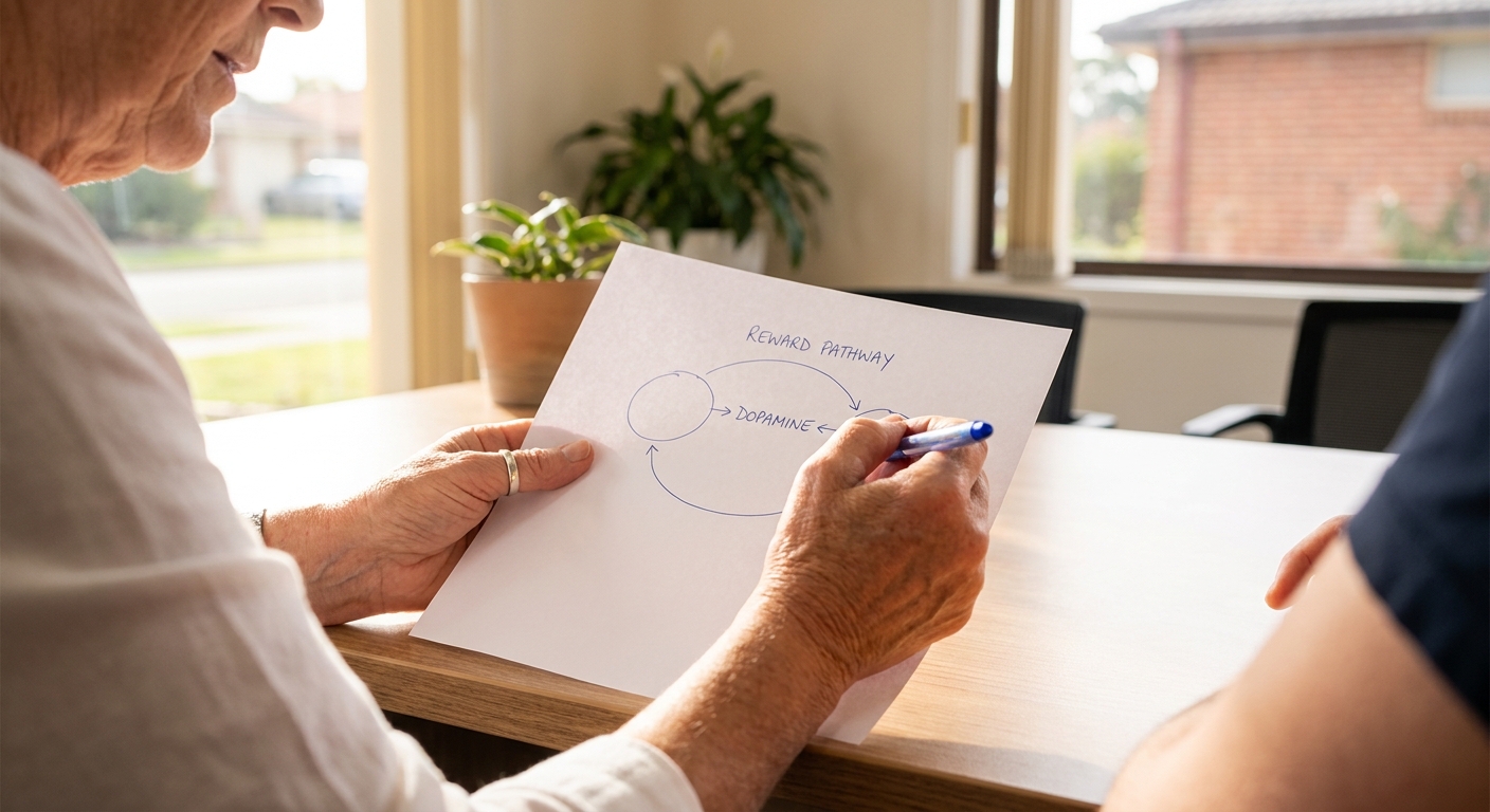 Counselor drawing brain diagram on paper during addiction recovery therapy session at Fair Lawn treatment center
