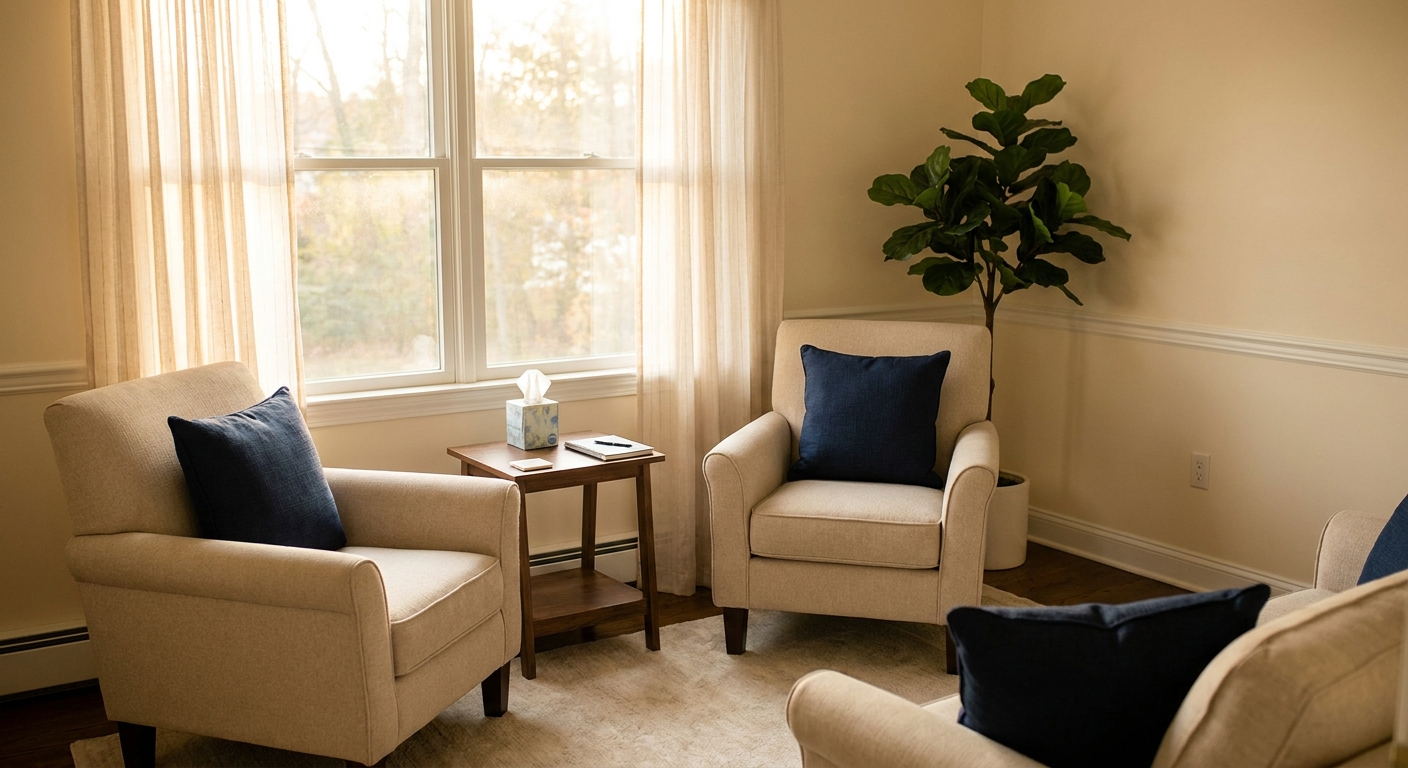 Empty therapy chairs in a warmly-lit counseling office at Resilience Recovery Center in Fair Lawn, positioned for a private individual therapy session