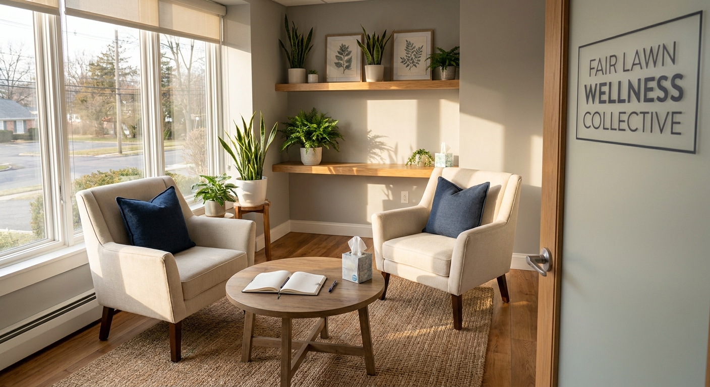Comfortable therapy room at Resilience Recovery Center in Fair Lawn, NJ with natural lighting and two chairs arranged for integrated mental health and addiction treatment sessions