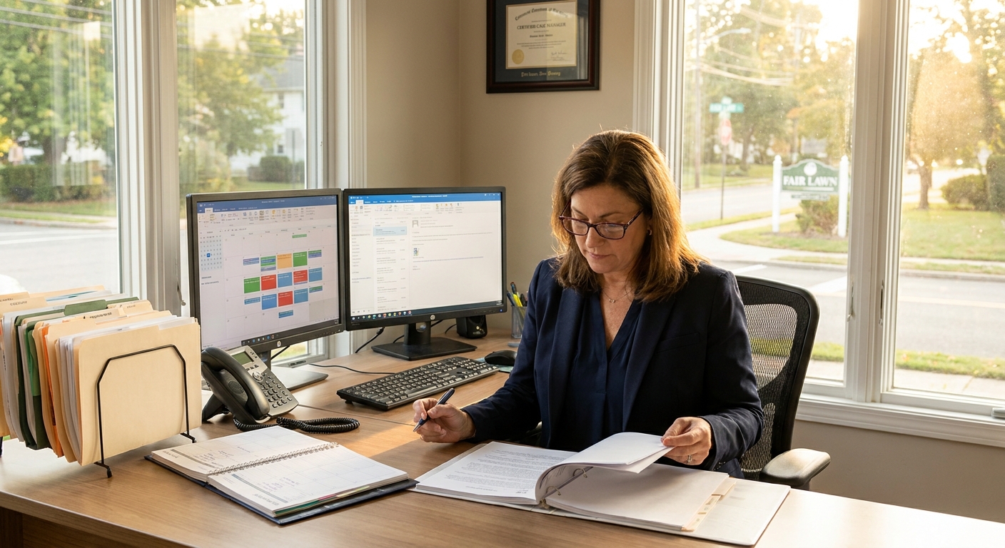 Case manager coordinating legal and treatment schedules at organized desk with computer and paperwork in Fair Lawn office