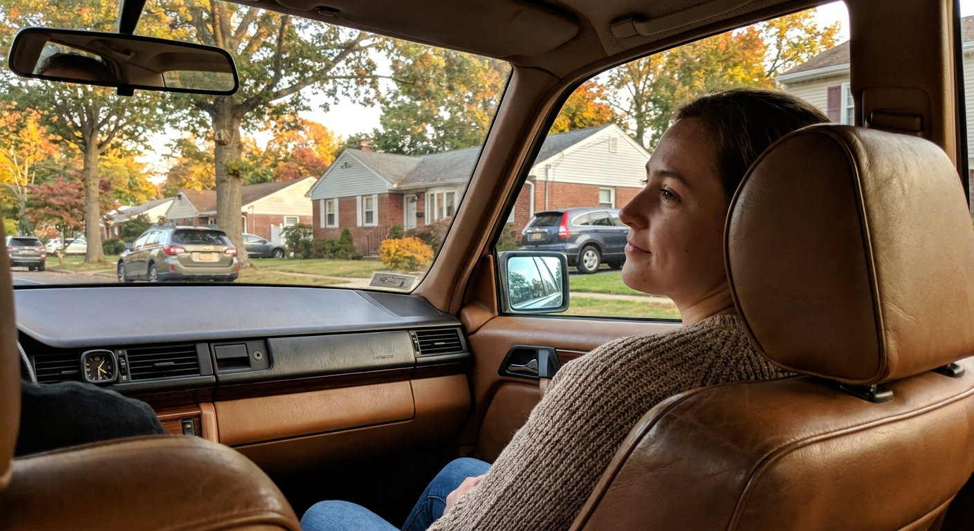 Passenger in car on residential Fair Lawn street during evening commute to outpatient treatment appointment