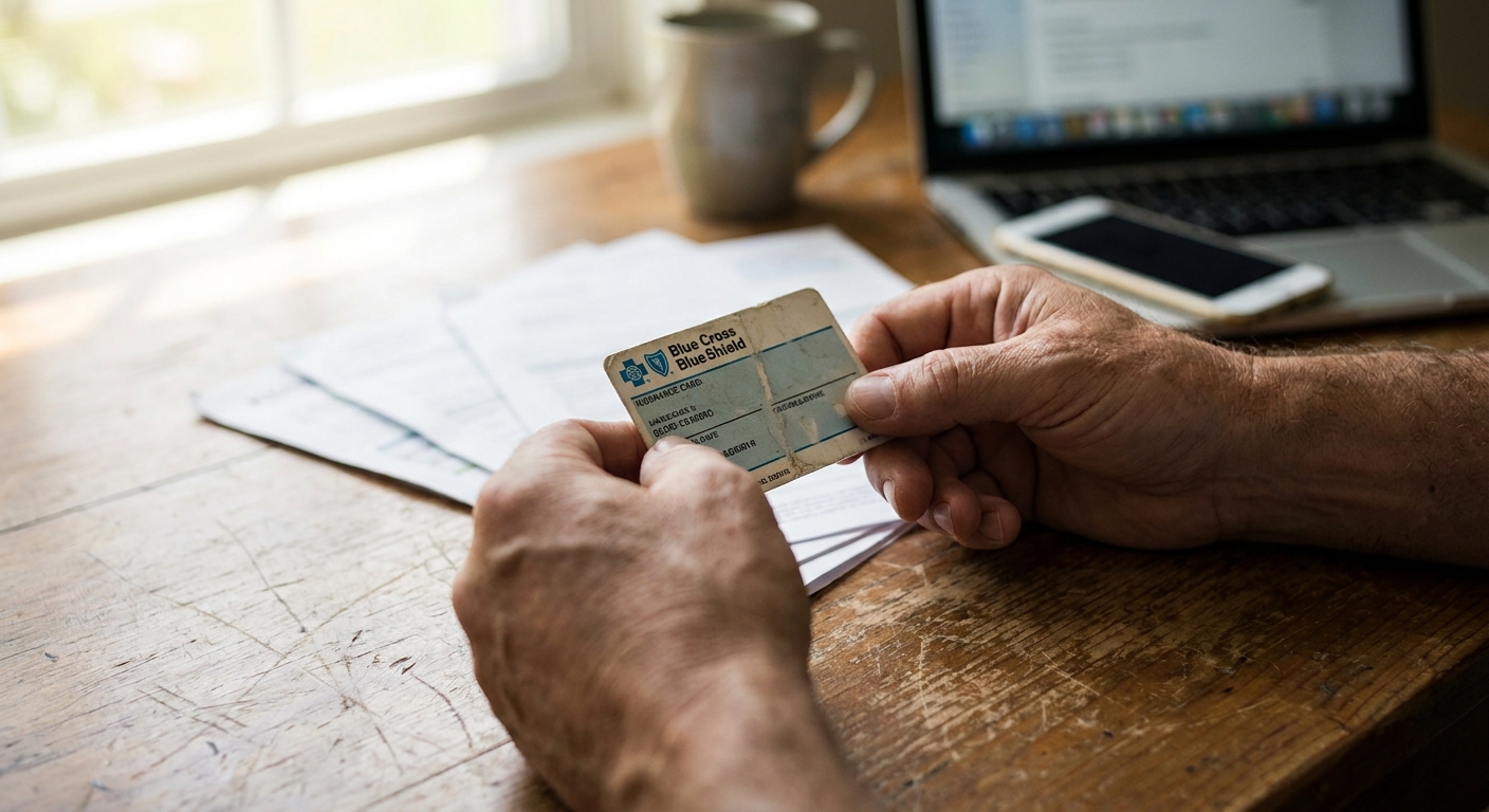Hands holding Blue Cross Blue Shield insurance card while reviewing coverage information at home desk