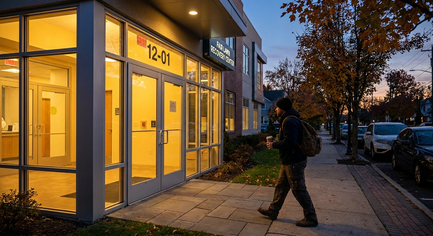 Person arriving at Resilience Recovery Center in Fair Lawn for an evening aftercare session after work