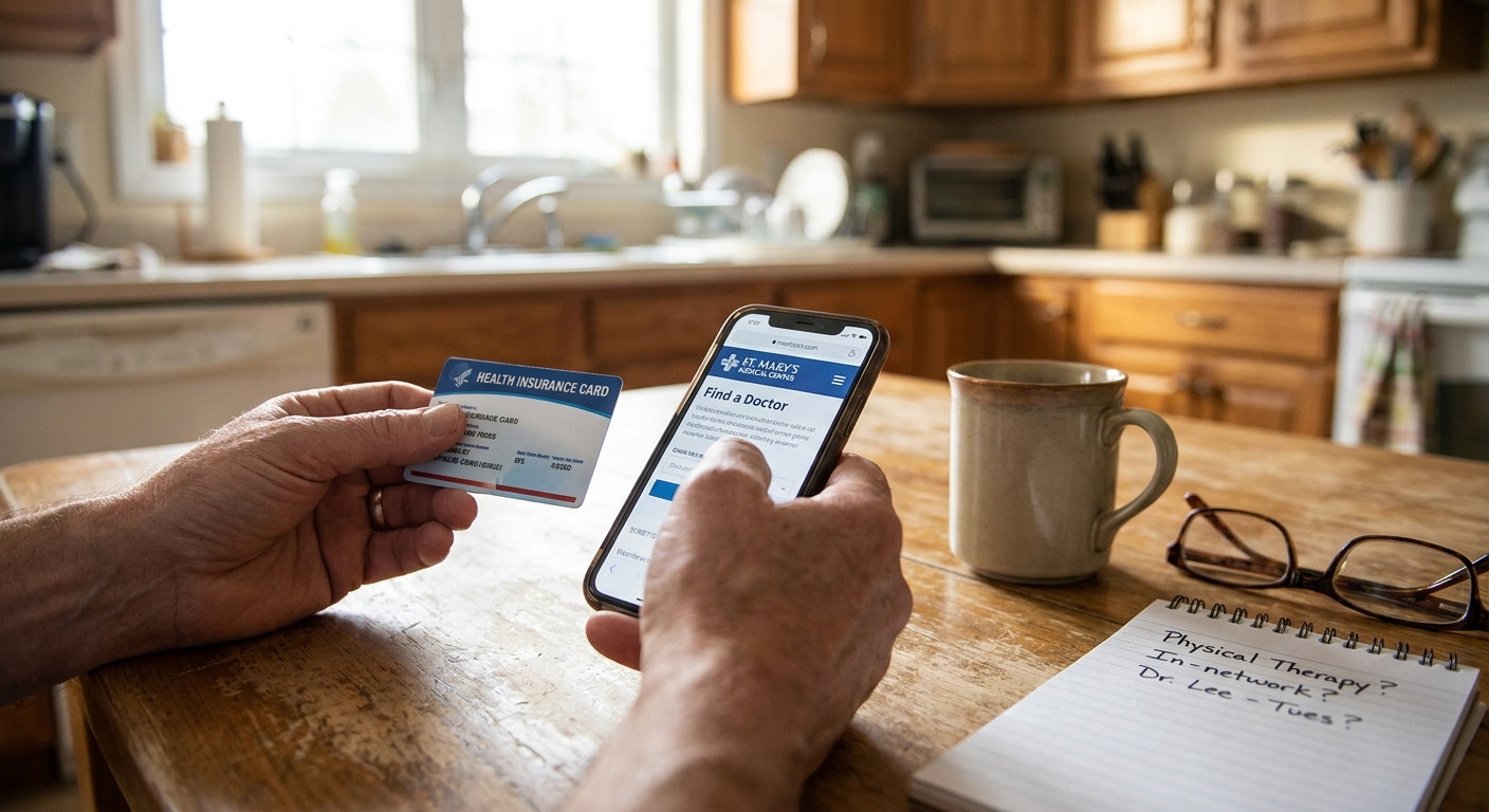 Person reviewing health insurance card and researching treatment facility information on phone at kitchen table