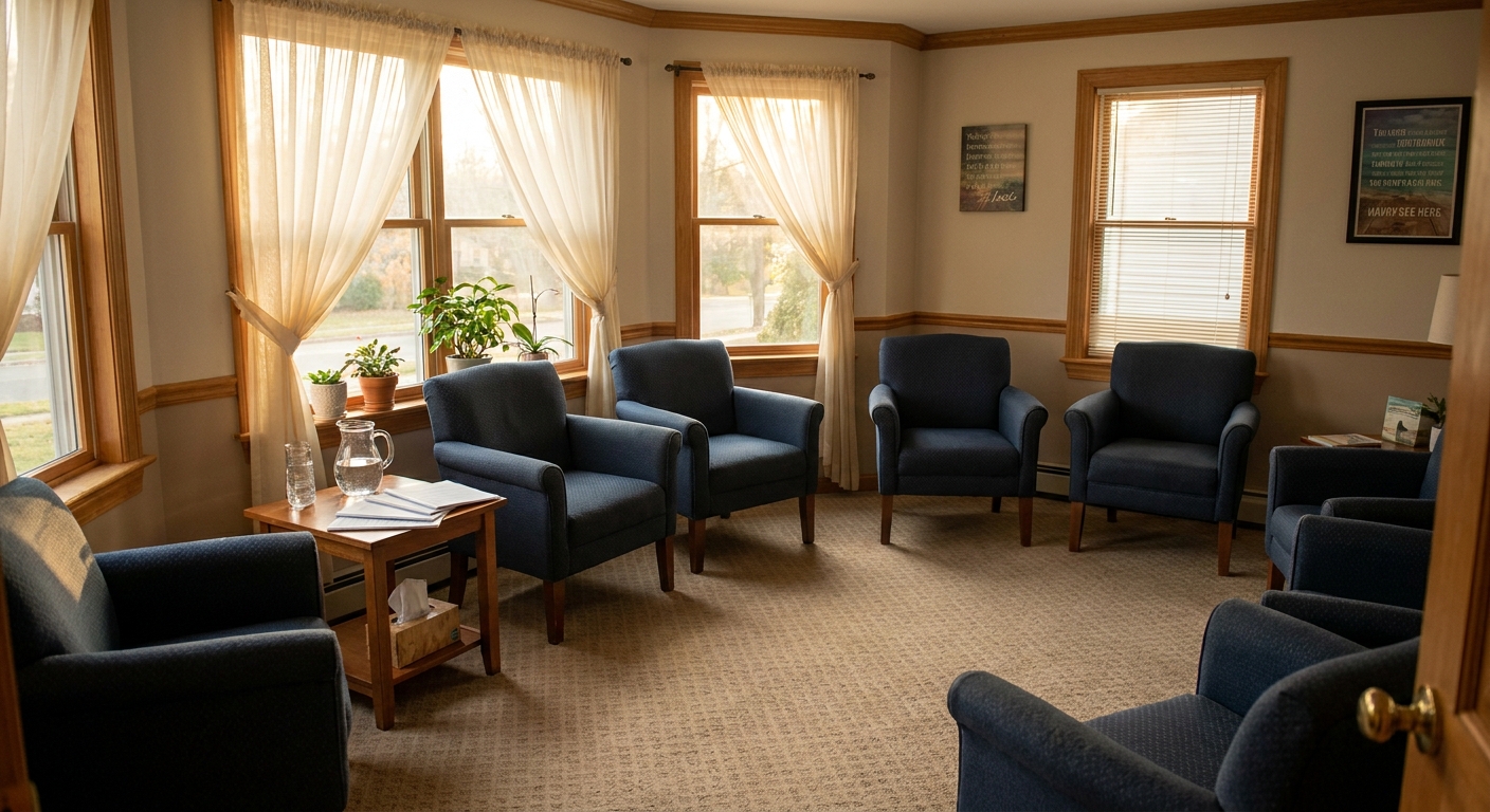 Empty circle of blue chairs in a sunlit group therapy room at Fair Lawn recovery center, prepared for an evening session with worksheets and water on a side table