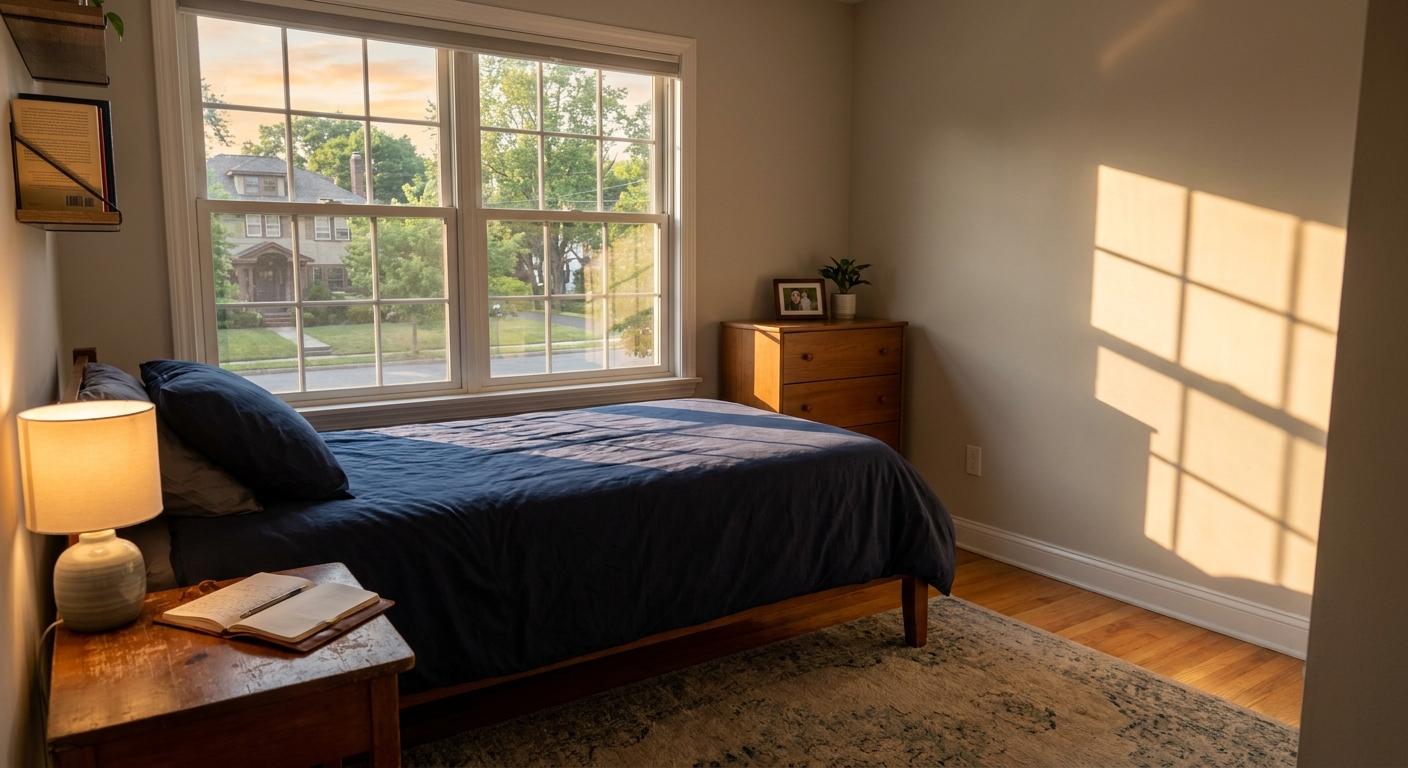 Clean bedroom in Fair Lawn recovery housing with navy bedding, wooden furniture, and natural light from window overlooking residential neighborhood