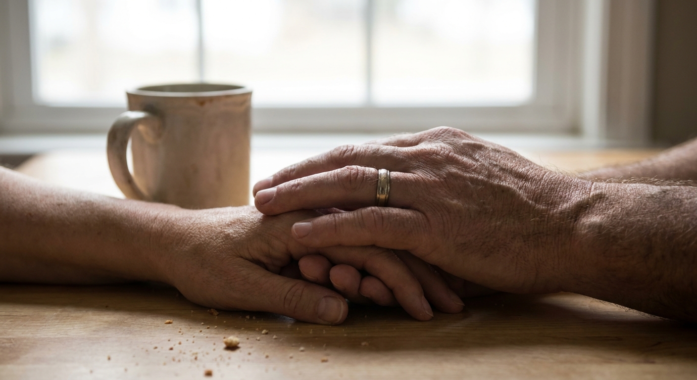 Two hands with wedding rings touching on a kitchen table, symbolizing spousal support during addiction recovery