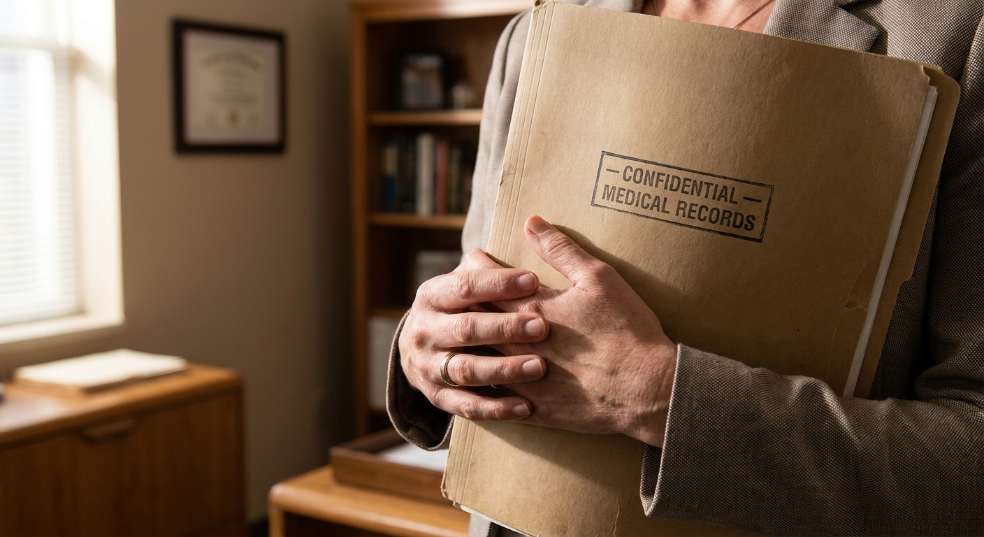 Hands holding a closed confidential medical folder in a private office, representing protected health information and patient privacy in addiction treatment