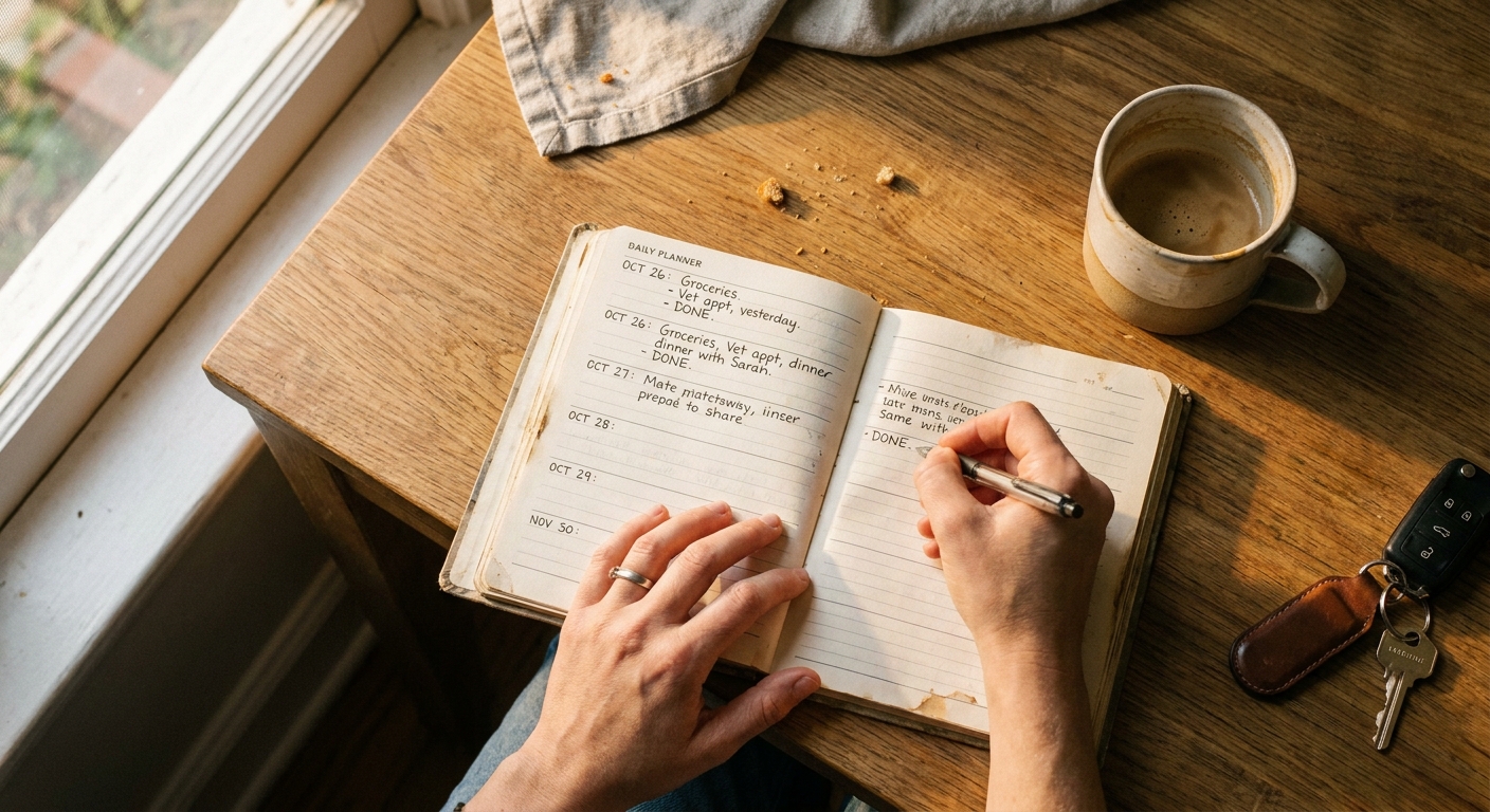 Overhead view of hands writing in a daily planner at a kitchen table with coffee mug and car keys, representing daily recovery planning and self-reflection