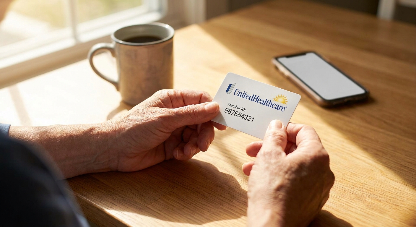 Hands holding UnitedHealthcare insurance card at kitchen table preparing to call about rehab coverage