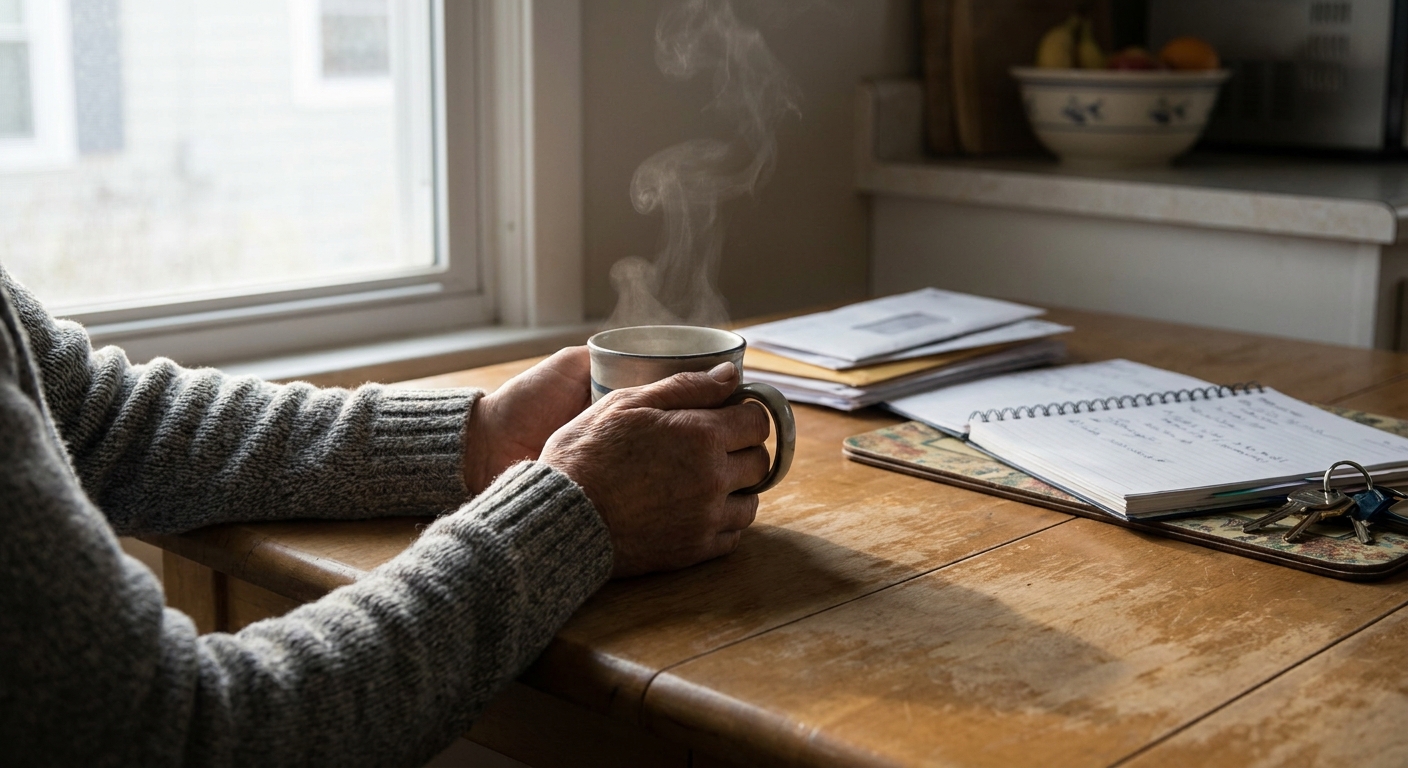 Person holding coffee mug at kitchen table in morning light, representing a fresh start and quiet determination in recovery