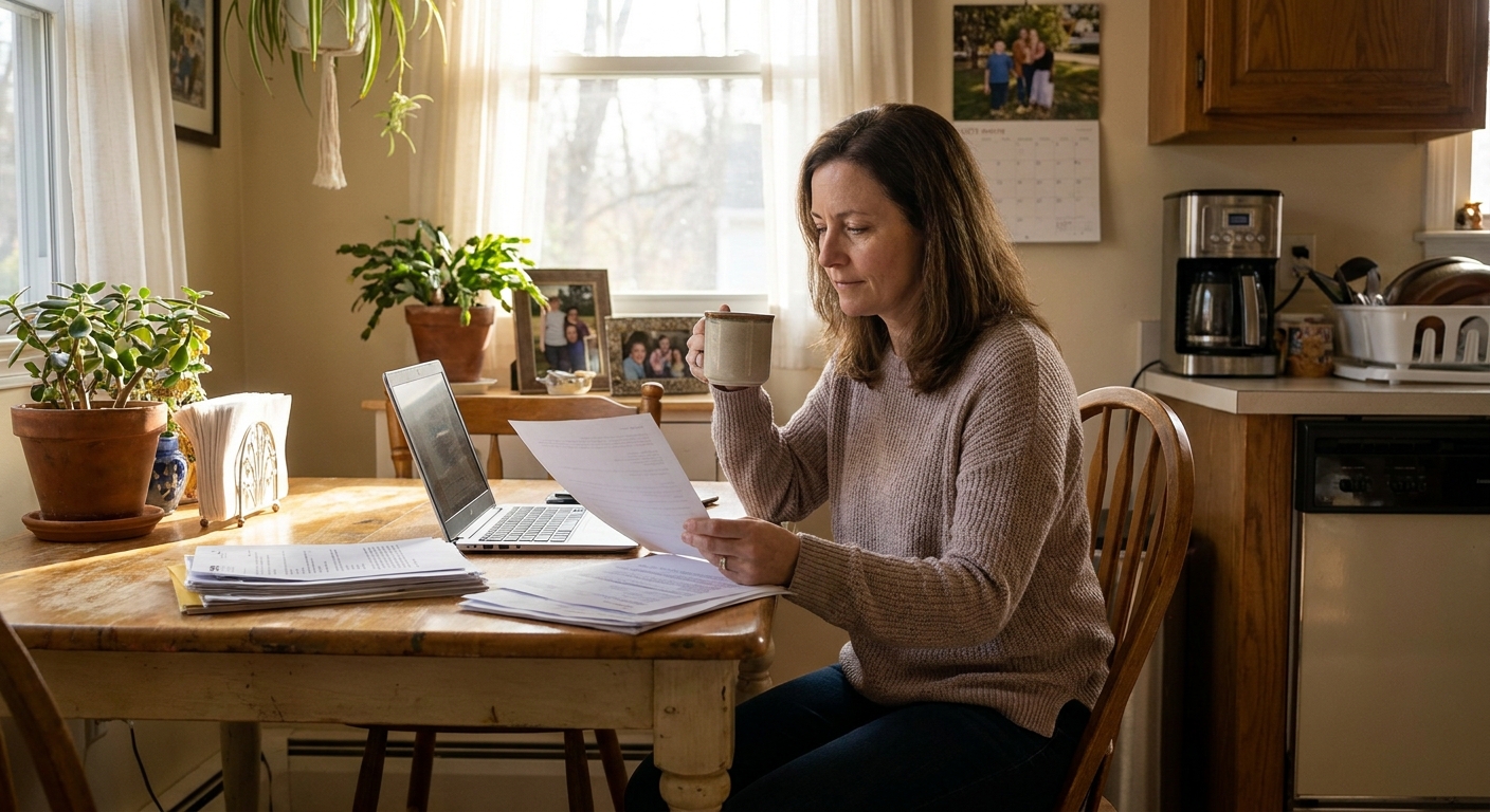 Woman reviewing paperwork at home kitchen table in morning light, preparing for outpatient treatment while maintaining daily responsibilities