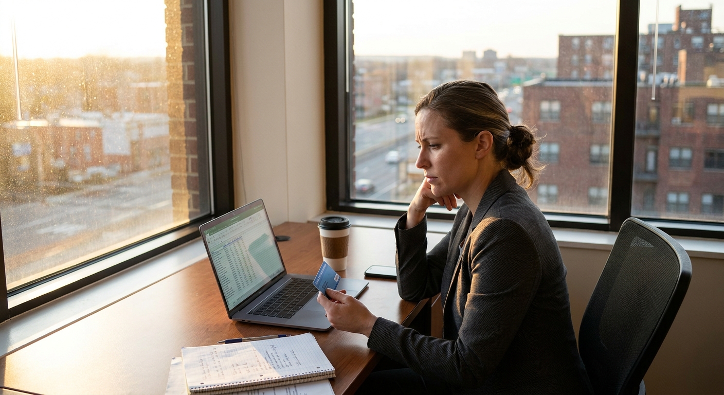 Working professional reviewing health insurance information at office desk in morning light