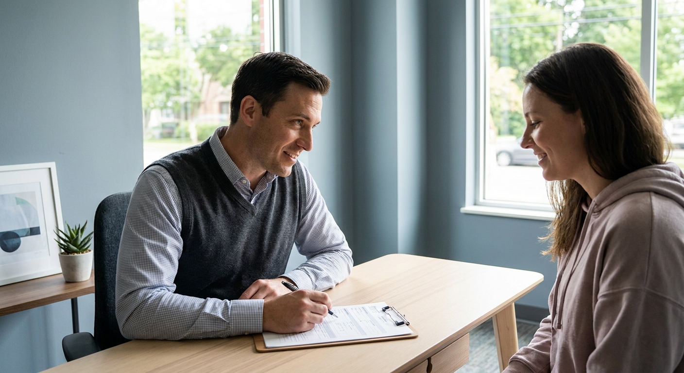Healthcare professional and client having a supportive conversation in a bright consultation room at Resilience Recovery Center in Fair Lawn, NJ
