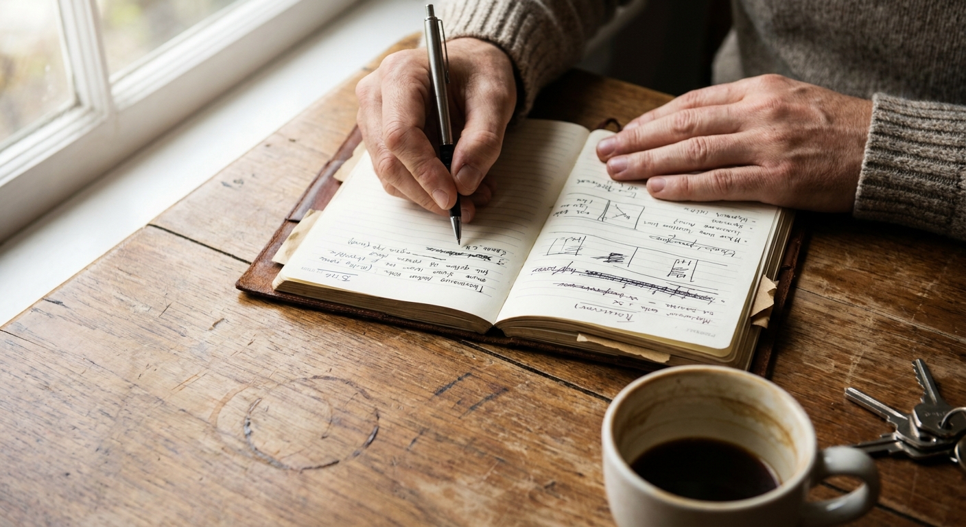 Person writing notes in a well-used planner at a kitchen table with morning light, coffee mug, and keys nearby