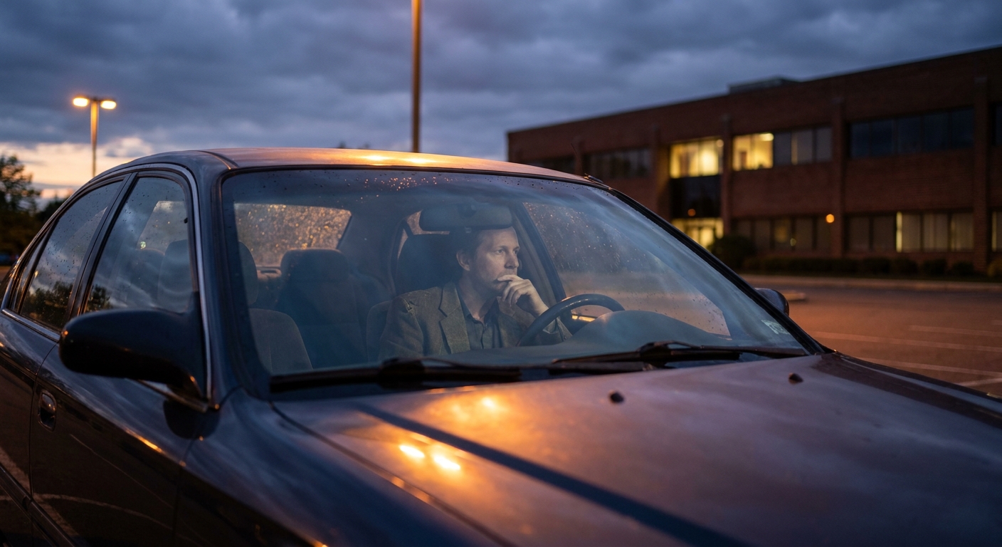 Person sitting in car at dusk after work in Fair Lawn, NJ, preparing to attend evening treatment